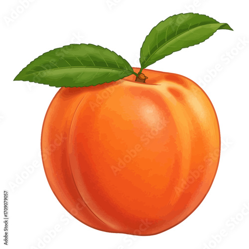 Vibrant illustration of a ripe, juicy peach with two green leaves on a white background