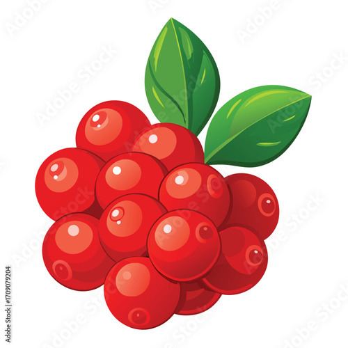 Bunch of Glossy Red Lingonberries with Green Leaves