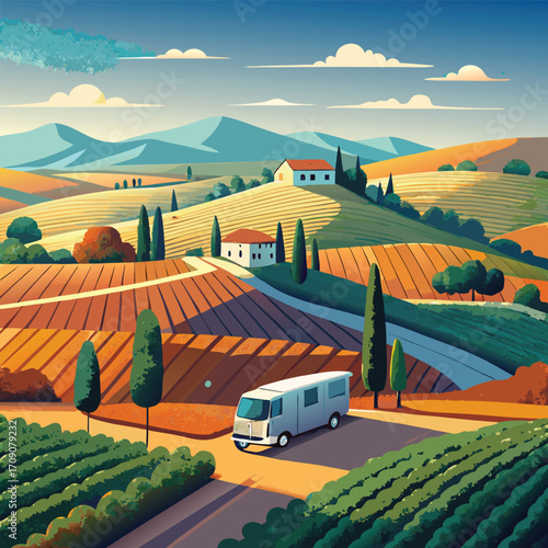 Camper van traveling through Tuscan landscape with vineyards
