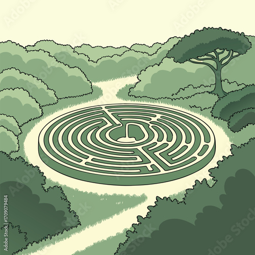 Circular maze in a lush green forest setting labyrinth