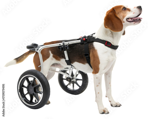 Happy dog in wheelchair looking up with supportive equipment