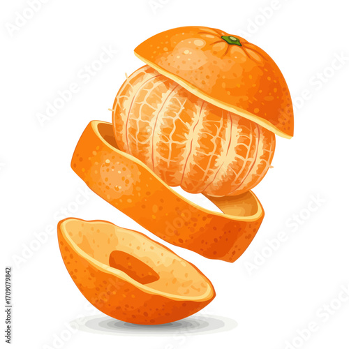 Dynamic peeling of a fresh, juicy orange, showcasing vibrant citrus segments and aromatic zest, a healthy food concept