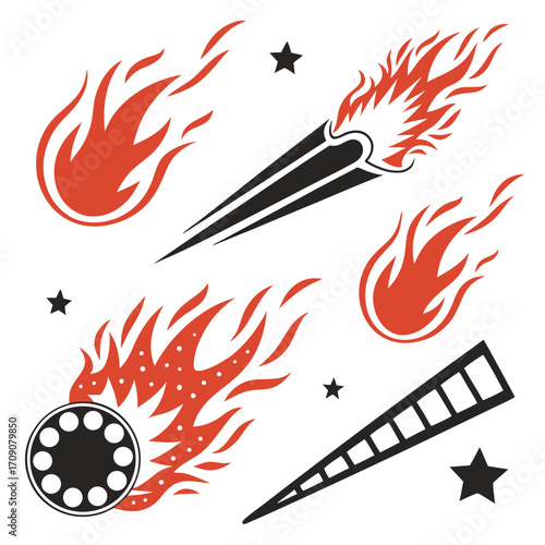 Collection of flaming meteor and star icons comet fire
