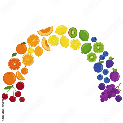 Vibrant arc of fresh, healthy fruits and berries, symbolizing nature's bounty, wholesome diet, and colorful nutrition