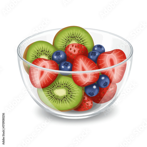 A fresh and healthy fruit salad with strawberries, blueberries, and kiwi slices in a transparent glass bowl