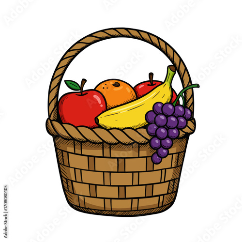 Healthy fruit basket illustration with apples, bananas, grapes, and oranges