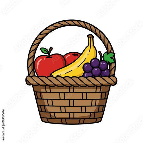 A Woven Basket Filled with Fresh Fruits Apple, Banana, and Grapes