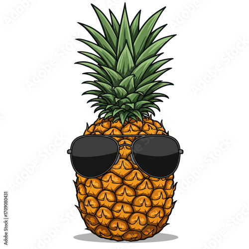 Stylish cartoon pineapple enjoying the summer vibes, sporting cool sunglasses and a cheerful tropical attitude