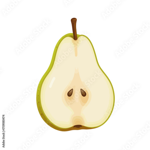 Deliciously fresh green pear half, perfectly ripe and revealing its healthy seeds, ideal for nutrition and sweet culinary uses
