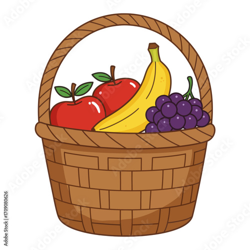 Fresh and healthy cartoon fruit assortment in a traditional wicker basket