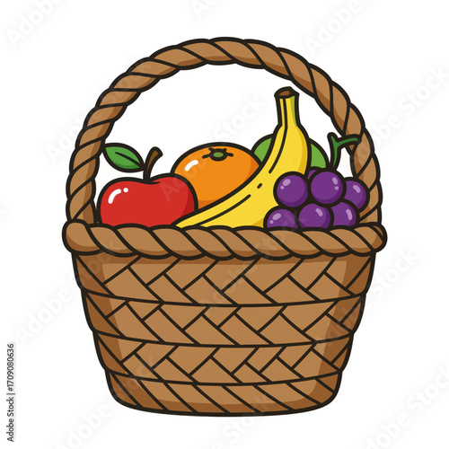 Colorful Basket of Fruits Apple, Banana, Grape, Orange