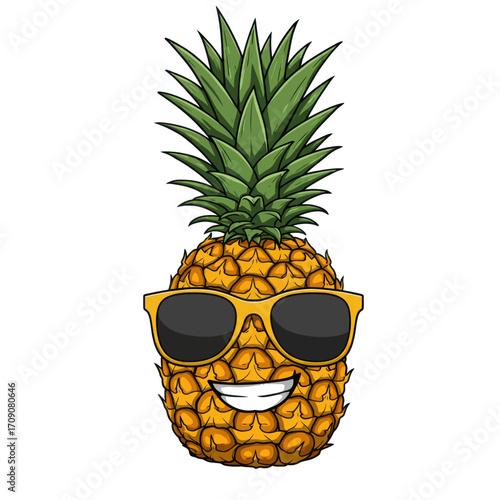 Cool and happy pineapple wearing sunglasses on white background