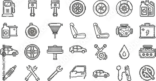 Auto repair service parts and maintenance icons set vector line illustration