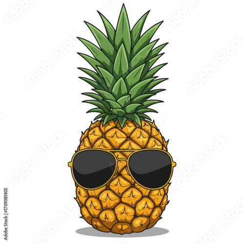 Funny tropical pineapple fruit character wearing sunglasses for a summer vacation concept illustration