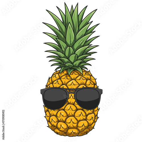 Cool pineapple character wearing sunglasses for a summer vacation concept