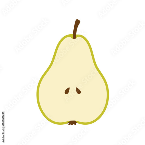 Clean graphic illustration of a halved pear, displaying its natural form, texture, and seeds, perfect for healthy food designs