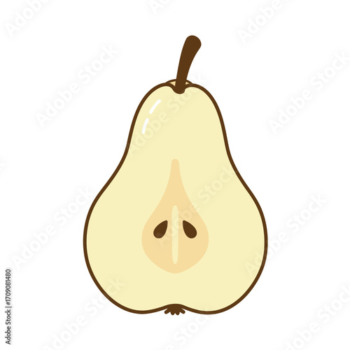 Simple graphic illustration of a sliced pear, showcasing its seeds and stem detail