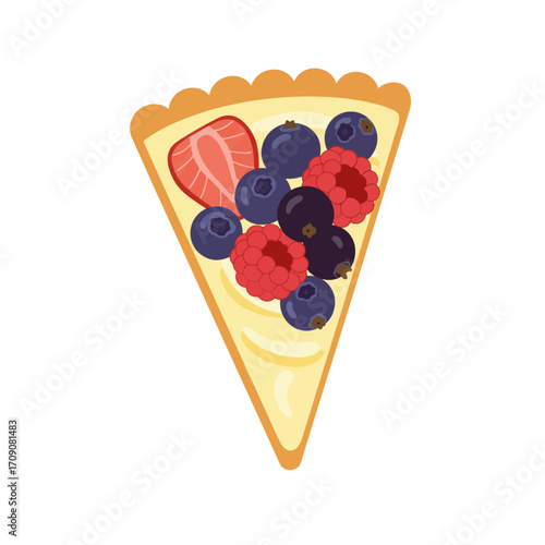 Delicious Slice of Cream Tart Topped with Fresh Berries and Strawberry