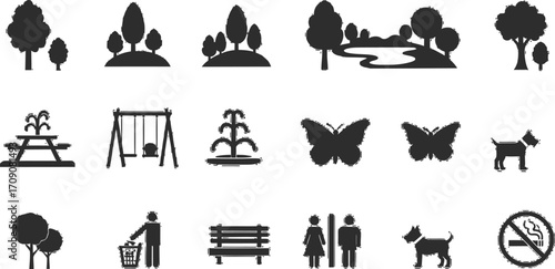 Park amenities icons set vector illustration with tree swing bench fountain pond