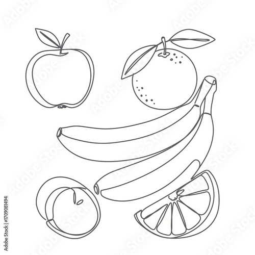 Minimalist one-line art illustration of assorted healthy fruits for a nutritious diet concept