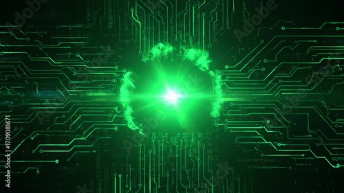 A vibrant green digital flare pulses energetically, surrounded by abstract circuit board-like patterns in a seamlessly looping tech background looping, design, connection