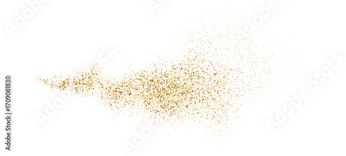 Gold glitter particle dust spray. Abstract dynamic dot spark liquid flow. Gold dust explosions with shimmer particles. Vector element for holiday design, Christmas background