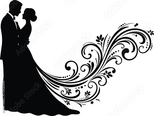 Elegant wedding couple silhouette, floral dress design, romantic bride and groom, black and white illustration, love, marriage, vector art