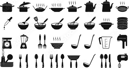 Essential Kitchen Utensils and Cooking Tools Icons Set, Perfect for Recipes, Restaurants, Food Blogs, Menus, and Culinary Designs