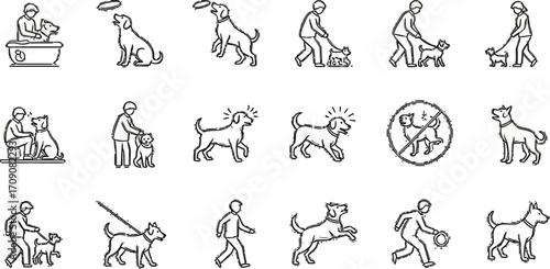 Dog care and training tips vector icons set pet grooming walking and playing