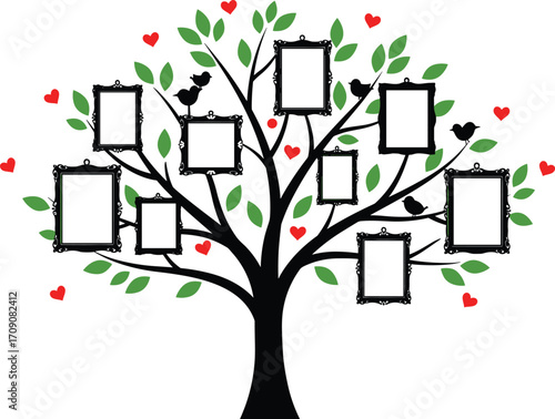Family tree with blank photo frames, black silhouette tree, red hearts, green leaves, decorative design, genealogy background, ancestry memory template