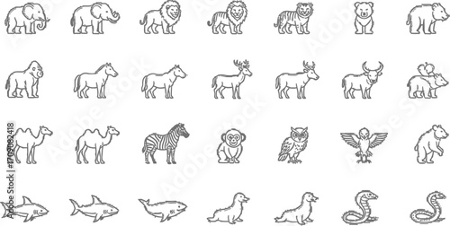 Animal kingdom line art vector illustration set wildlife animal icons zoo