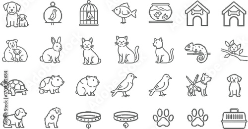 Vector outline drawing of pets and pet care accessories for pet shop design