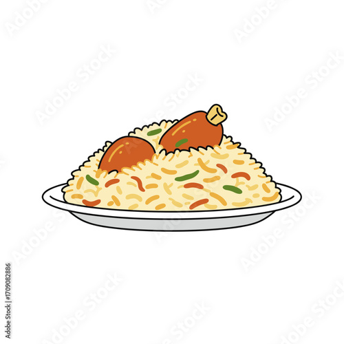 Cartoon Illustration of Delicious Biryani with Chicken Drumsticks on a Plate