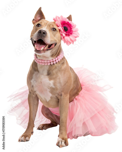 Funny dog in pink tutu and flower crown posing on background