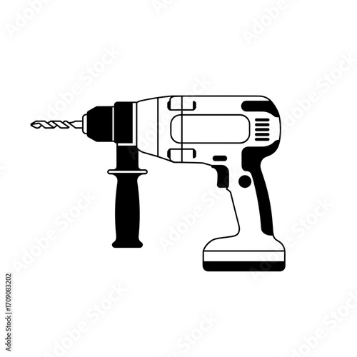 Cordless Drill Icon: Black and White Line Art Illustration