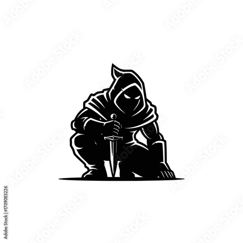 Silhouetted Assassin Crouching with Dagger