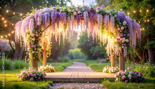 Whimsical wedding background with floral canopy with hanging wisteria, fairy lights, dreamy and magical enchanted garden vibes