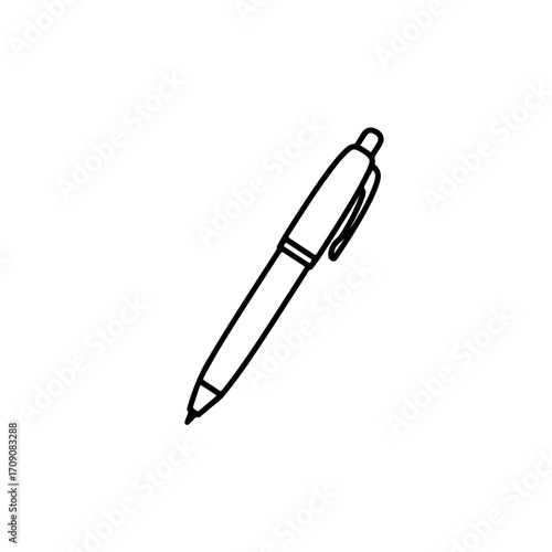Minimalist Black Outline Illustration of a Ballpoint Pen with Cap and Clip