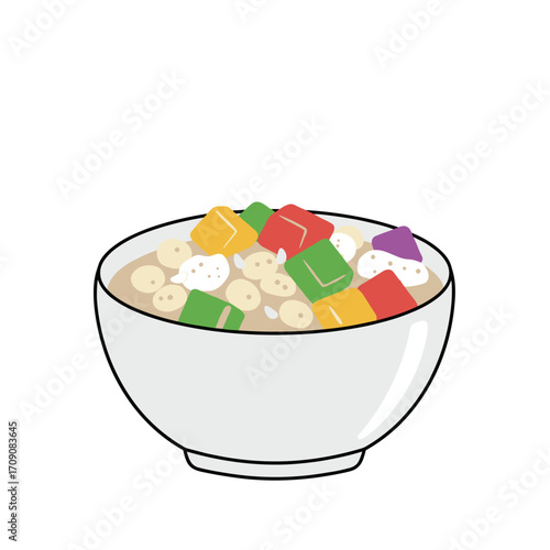 Colorful Dessert Bowl with Cubes, Spheres, and Creamy Delight.