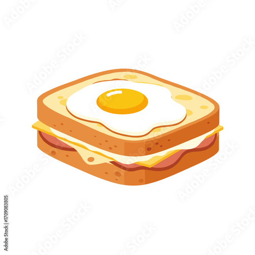 Croque Madame Sandwich Illustration: Toasted Bread, Fried Egg, Ham, Cheese