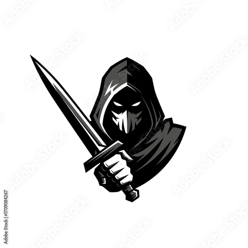 Hooded Figure with Sword, Mysterious Warrior Logo