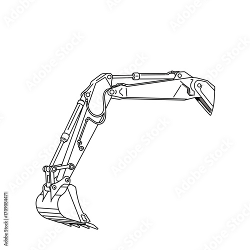 Excavator Arm Detailed Line Drawing: Hydraulics and Bucket