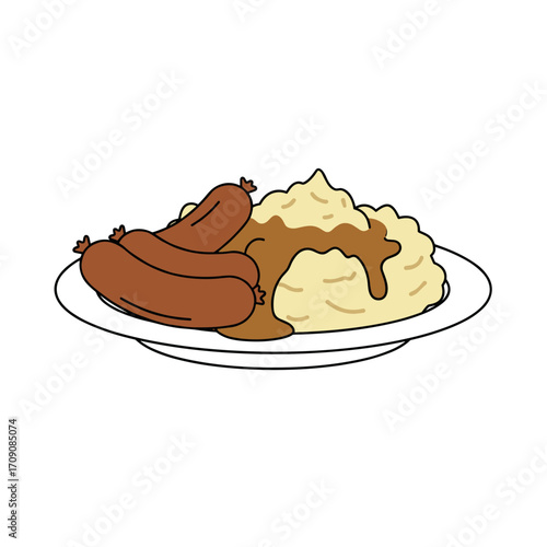 Cartoonish Plate of Sausages, Mashed Potatoes, and Gravy.
