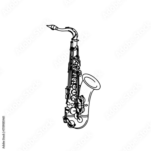 Detailed Black Outline of a Saxophone, Musical Instrument Silhouette.
