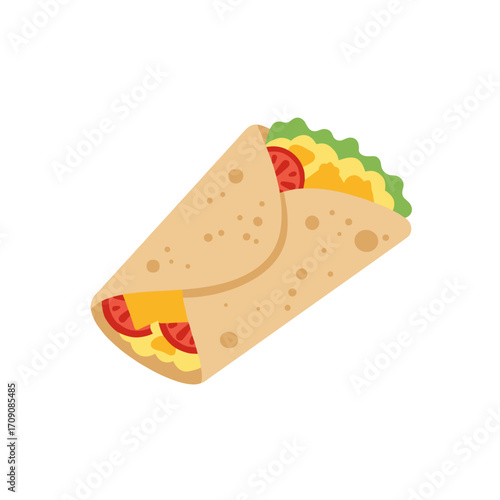 Colorful Flattened Illustration of a Delicious Wrap with Cheese, Tomatoes, and Scrambled Eggs