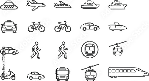 Transportation vector icons set travel vehicles public transport line art