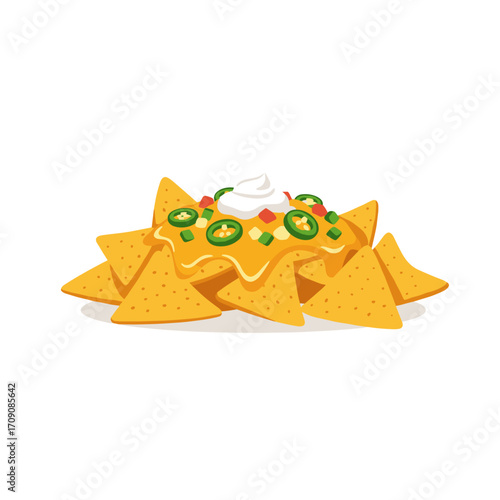 Delicious Nachos with Cheese, Jalapeños, and Sour Cream, Appetizing Food.