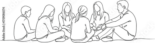 Continuous line drawing of group therapy session meeting sitting in circle