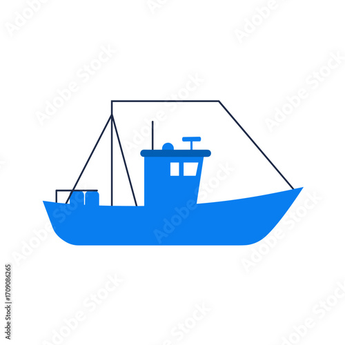 Simple Blue Fishing Boat Silhouette with Detailed Cabin and Mast