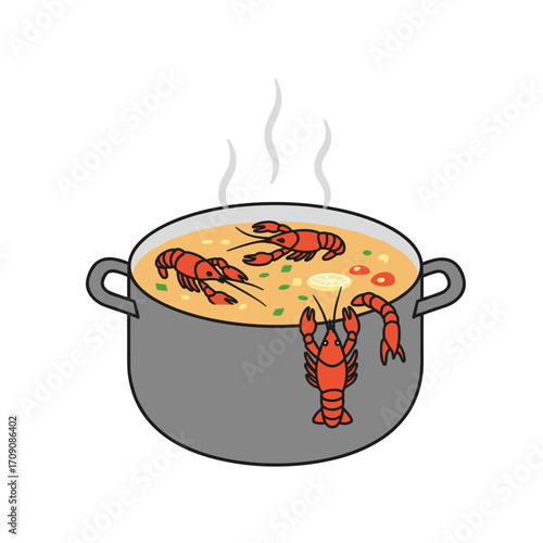Crayfish Soup in a Pot with Steaming Hot Broth